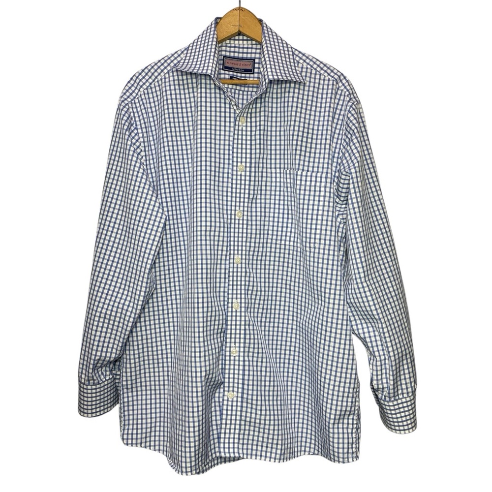 Vineyard Vines Blue White Check Button Front Shirt Size 16 M Reg 100% Cotton